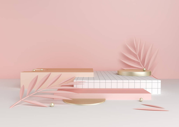 3D render różowy i złoty platformy z tropikalny liści w modnym, nowoczesnym stylu. Minimalne podłoże geometryczne. Makiety baner dla mediów społecznych. Geometryczne kształty w abstrakcyjnej kompozycji. - Zdjęcie, obraz