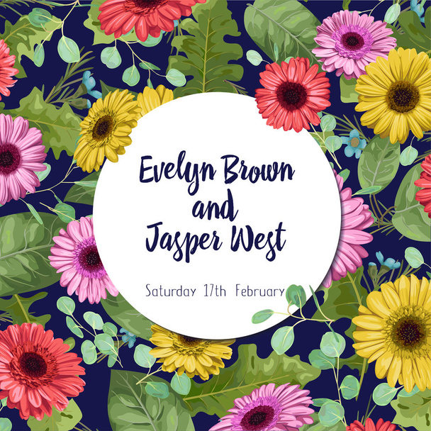 夏ベクトル水彩色のガーベラ、ワックスの花と丸いフレームとユーカリの枝。結婚式招待状、バナー広告、はがき、ラベル、広告の - ベクター画像