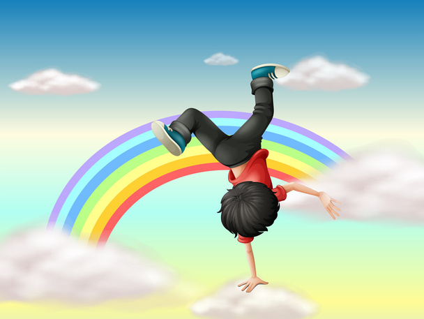ein Junge führt einen Breakdance entlang des Regenbogens auf - Vektor, Bild