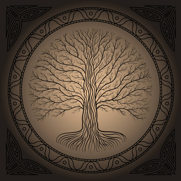 Druidic Yggdrasil tree at night, round silhouette, cream and brown vector logo. Gothic ancient book style - Вектор,изображение