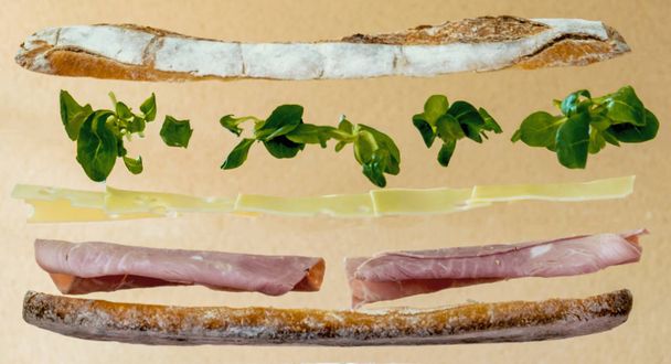baguette galleggianti ripiene di formaggio, insalata, prosciutto cotto
 - Foto, immagini