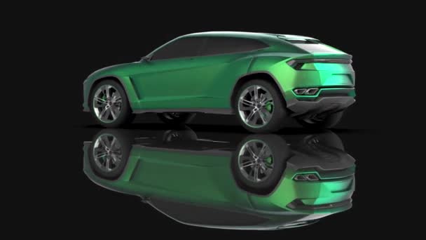 The newest sports all-wheel green premium crossover in a black studio with a reflective floor
 - Кадры, видео
