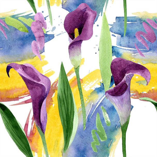 Aquarell violette Callas Blume. Blütenbotanische Blume. nahtloses Hintergrundmuster. - Foto, Bild