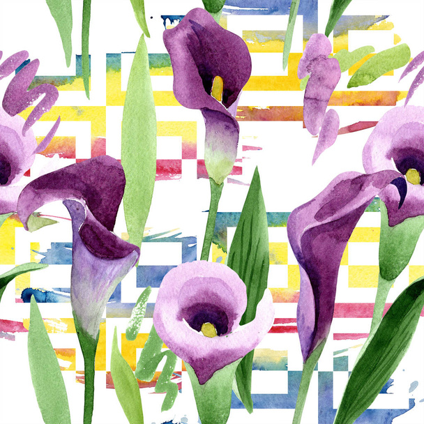 Watercolor purple callas flower. Floral botanical flower. Seamless background pattern. - Foto, imagen
