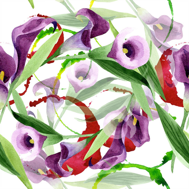 Aquarell violette Callas Blume. Blütenbotanische Blume. nahtloses Hintergrundmuster. - Foto, Bild