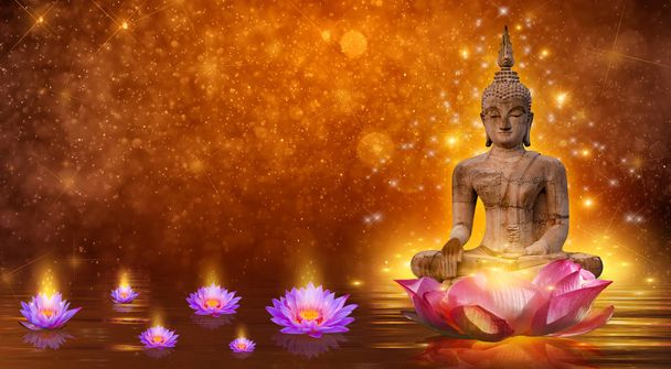 Buda heykeli su lotusu Buda nilüfer çiçeğinin üzerinde duruyor turuncu arka planda - Fotoğraf, Görsel