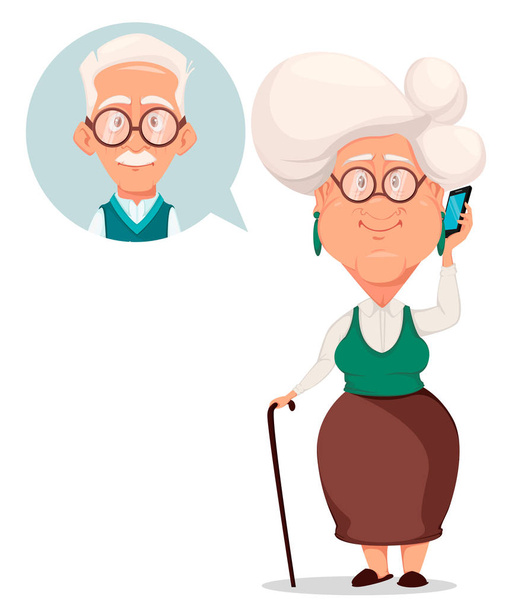 Grandparents day greeting card. Grandmother calling to grandfather. Silver haired grandma and grandpa. Pretty cartoon characters. Vector illustration on white background - Vector, Image