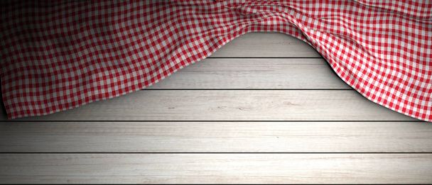 Rood en wit geblokte picknick tafelkleed op witte houten achtergrond, kopie ruimte. 3D illustratie - Foto, afbeelding