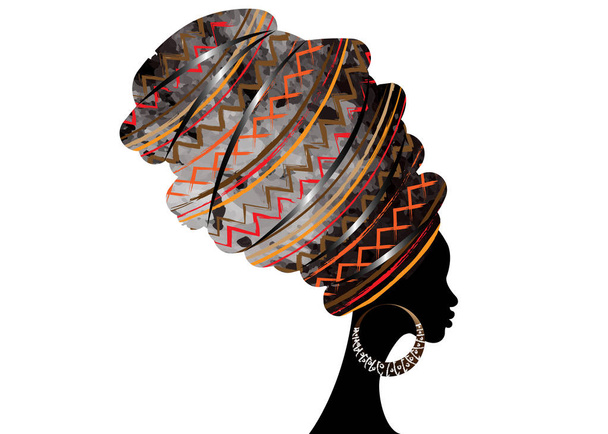 portrét krásná Africká žena v tradičním turbanu, Kente hlavy fólie africké, tradiční dashiki tisk, černé ženy vektorové siluetu izolovaná s tradičními kostí náušnice, účes koncepce - Vektor, obrázek