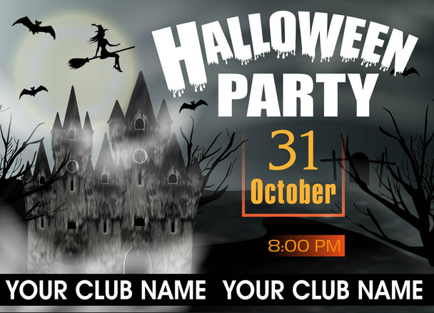 Uitnodiging voor Halloween-feest-sjabloon of poster en banner met gotische burcht, vliegen de jonge heks en volle maan. Vectorillustratie. - Vector, afbeelding