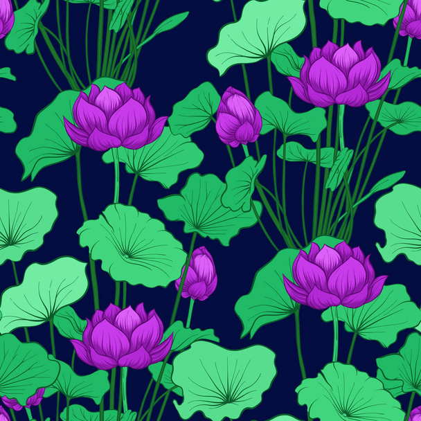 Seamless pattern, background with lotus flower. Botanical illust - Вектор,изображение