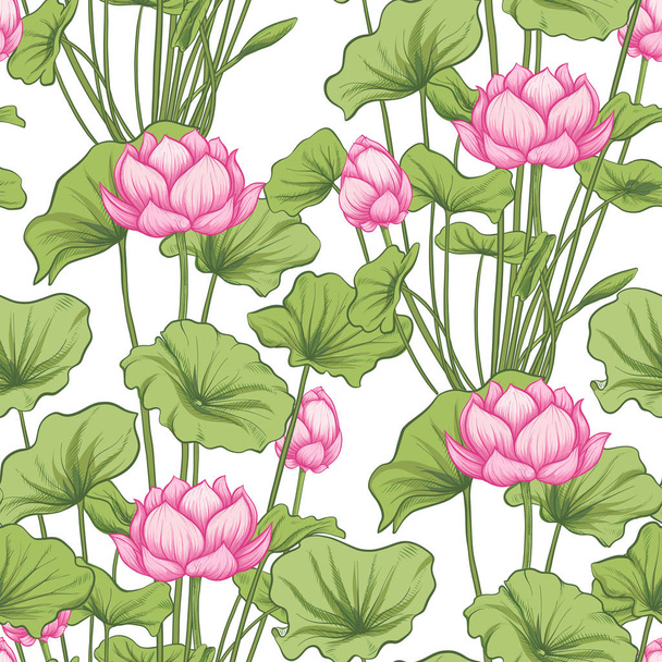 Seamless pattern, background with lotus flower. Botanical illust - Vector, afbeelding