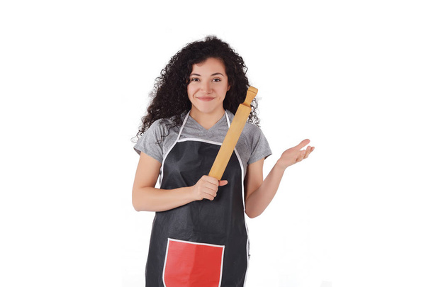 Portrait of young beautiful chef with a rolling pin. Isolated white background. - Fotografie, Obrázek