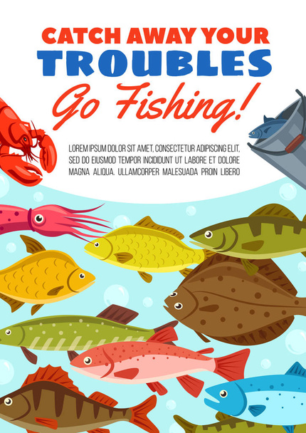 Ψάρεμα πιάσει διάνυσμα αφίσα με θαλασσινά και ψάρια - Διάνυσμα, εικόνα