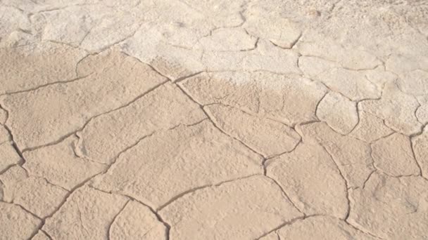 Nahaufnahme: Detail des trockenen rissigen Bodens in der heißen, sonnigen Wüste. kein Leben in trockenen, geschädigten Böden aufgrund der globalen Erwärmung und des starken Klimawandels. - Filmmaterial, Video