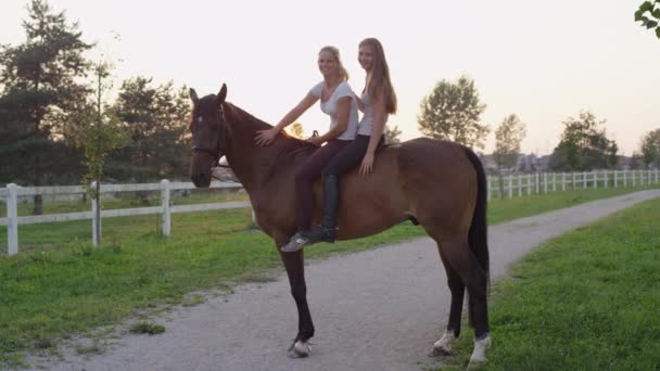 SLOW MOTION, CLOSE UP: Two cheerful Caucasian girls sitting on strong chestnut gelding on horse ranch at sunset. Happy girlfriends bareback riding stunning brown horse in nature at amazing sunrise - Footage, Video