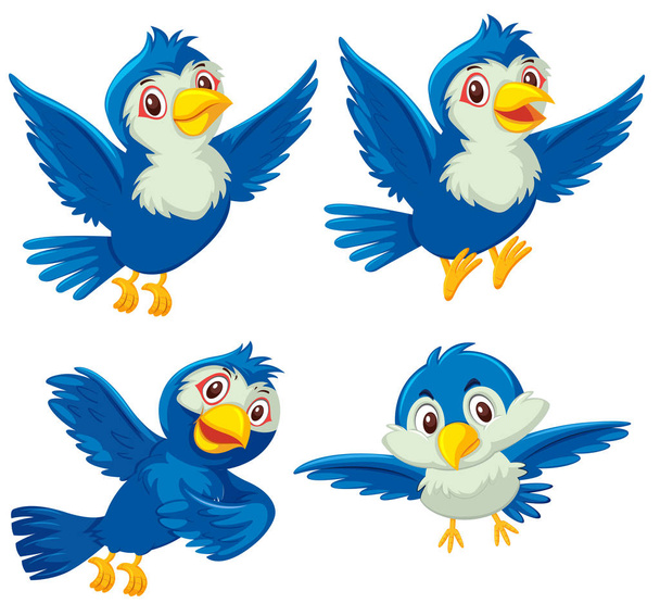 Set of four blue birds illustration - Vector, imagen