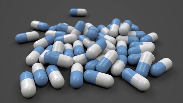 Pile of white and blue medicine capsules on black background. Medical, healthcare or pharmacy concept. 3D rendering illustration - Fotografie, Obrázek