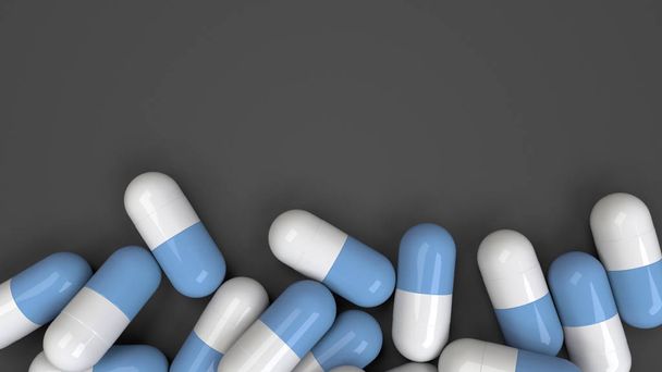 Pile of white and blue medicine capsules on black background. Medical, healthcare or pharmacy concept. 3D rendering illustration - Foto, Bild