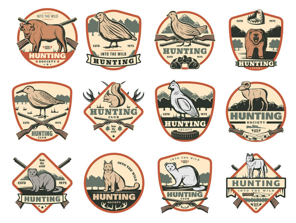 Hunting club, wild animals and ammo icons - Vector, Image