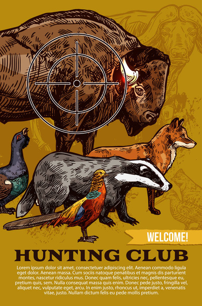ΚΥΝΗΓΙΟΥ club, άγρια ζώα και πουλιά αφίσα - Διάνυσμα, εικόνα