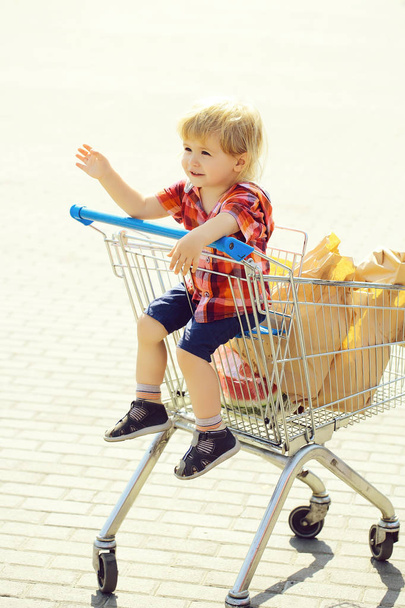 Cute boy in shopping trolley - Foto, afbeelding
