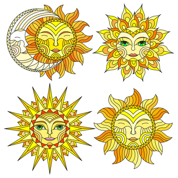 A set of stained-glass suns with faces on a white background isolates - Vector, Image
