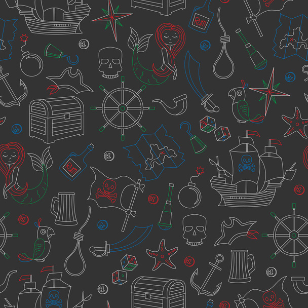 Illustration transparente du thème de la piraterie et des icônes de contour de voyage en mer, craies colorées sur le conseil scolaire sombre
 - Vecteur, image