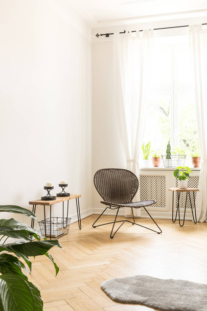 White background wall with empty space in a high ceiling room interior with a rattan and metal chair in the corner and side tables with candles and plants on a wooden herringbone flooring. Real photo - Photo, Image