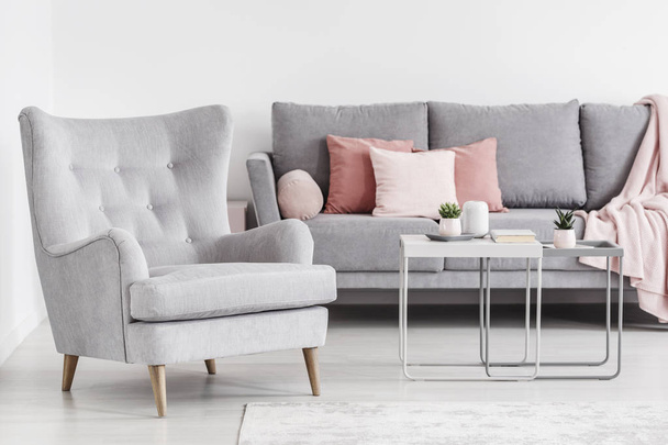 Comfy armchair and grey sofa with pink pillows, and coffee tables in a bright living room interior. Real photo - Photo, image