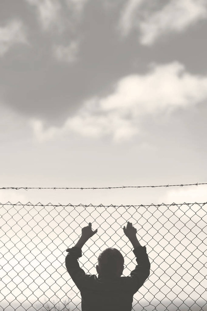 nuori poika katselee verkosta kohti vapautta
 - Valokuva, kuva