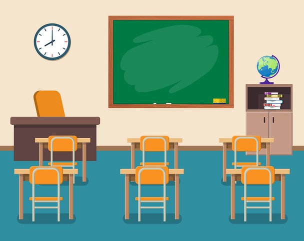 School classroom with chalkboard and desks. - Vector, Image