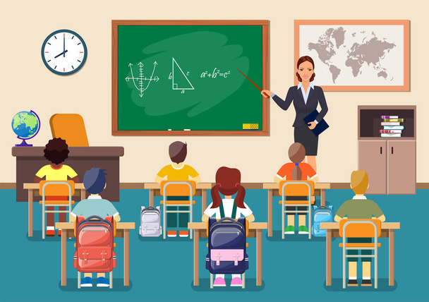 school children group and young teacher woman - Vector, Image