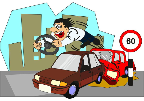 Автомобільний аварійний концептуальний малюнок, що показує два транспортних засоби, залучені і водій задньої частини автомобіля викинутий з переднього скла з рульовим управлінням на руці, коли він перетнув обмеження швидкості і відсутність ременя безпеки
 - Вектор, зображення