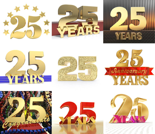 Σύνολο αριθμός είκοσι πέντε (25 έτος) γιορτή σχεδιασμού. Αριθμός στοιχεία πρότυπο Χρυσή επέτειος για το πάρτυ γενεθλίων σας. 3D απεικόνιση. - Φωτογραφία, εικόνα