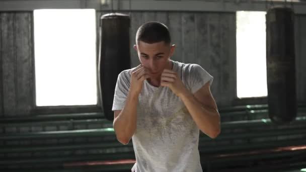 Determined young male athlete boxer fighter punching invisible opponent in slow motion. Man working out in empty gym with punchballs in there - Záběry, video