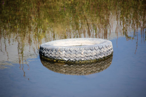 Neumático tirado descuidadamente a la naturaleza / Objetos desechados descuidadamente contaminan el medio ambiente y causan problemas a toda la humanidad
 - Foto, imagen
