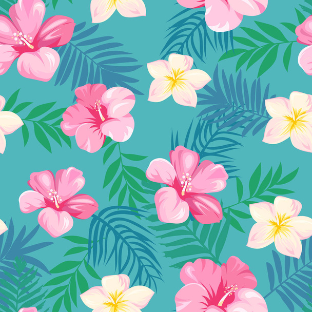 seamless pattern with tropical flowers and leaves - Vector, imagen