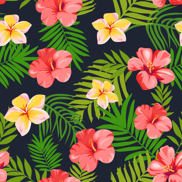 seamless pattern with tropical flowers and leaves - Вектор,изображение