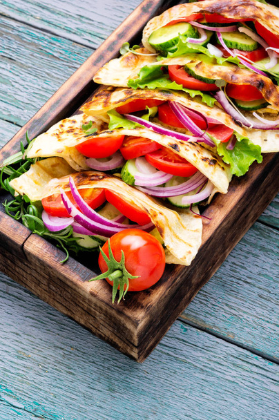 Vegetarian Pita Sandwich with fresh vegetables.Dietary food. Vegan. - Photo, Image