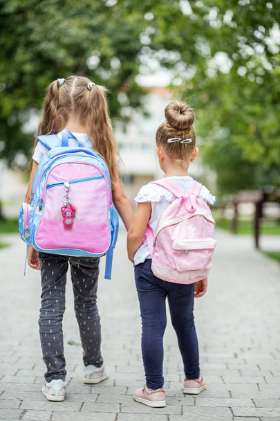 Dos niños van a la escuela con mochilas. El concepto de escuela, estudio, educación, amistad, infancia
 - Foto, Imagen
