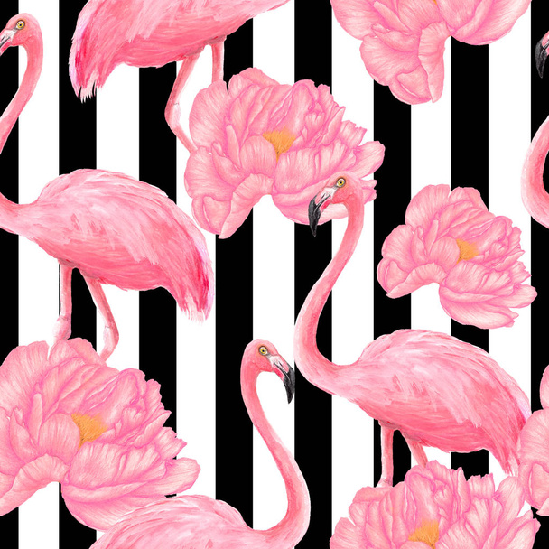 Seamless pattern of watercolor flamingos with peonies - Photo, Image