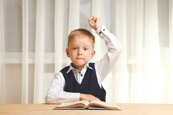 Schoolboy raises his hand and sits at desk with book. Concept school. - Photo, Image