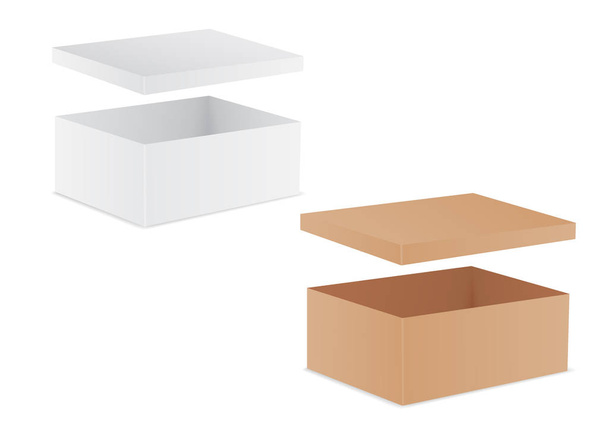 Set of vector illustrations of two cardboard boxes - white and brown with open lid and space for text - isolated on white background - Vector, Image