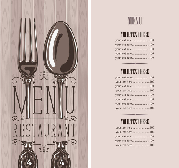 Векторное меню для ресторана с прайс-листом и реалистичной вилкой и ложкой на деревянном фоне в стиле ретро
 - Вектор,изображение