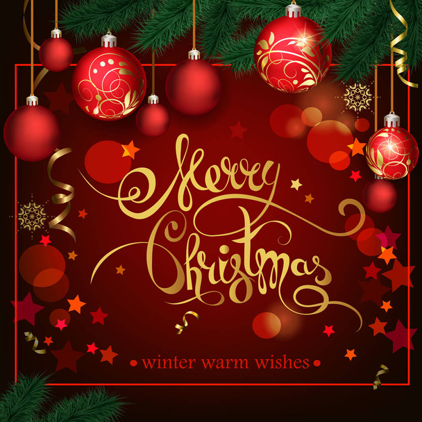 Christmas background with red balls and lettering - Vector, Image
