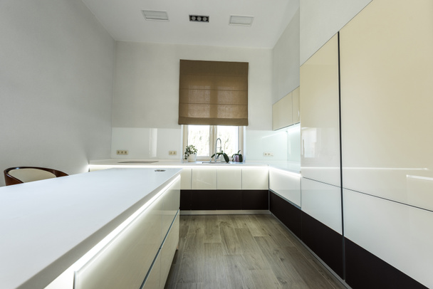 interior view of empty modern kitchen in light colors  - Fotoğraf, Görsel