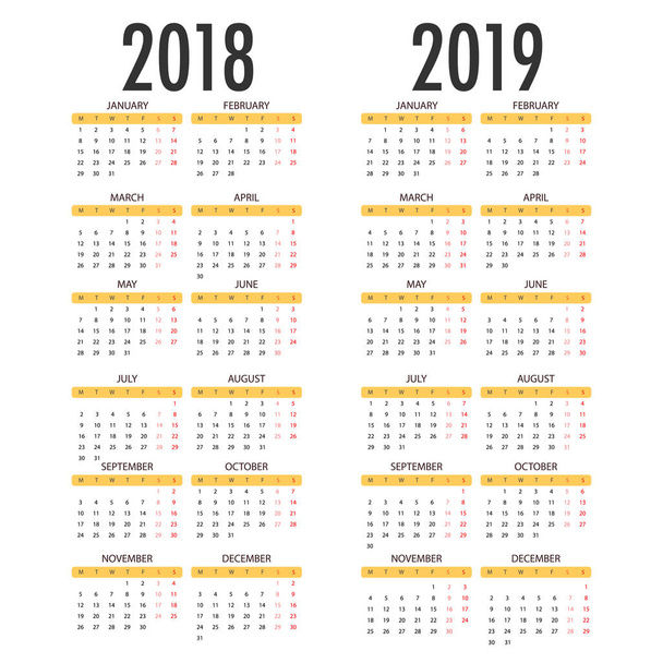 Calendar for 2018 2019 on white background. Week Starts Monday. Simple Vector Template - Vector, Image