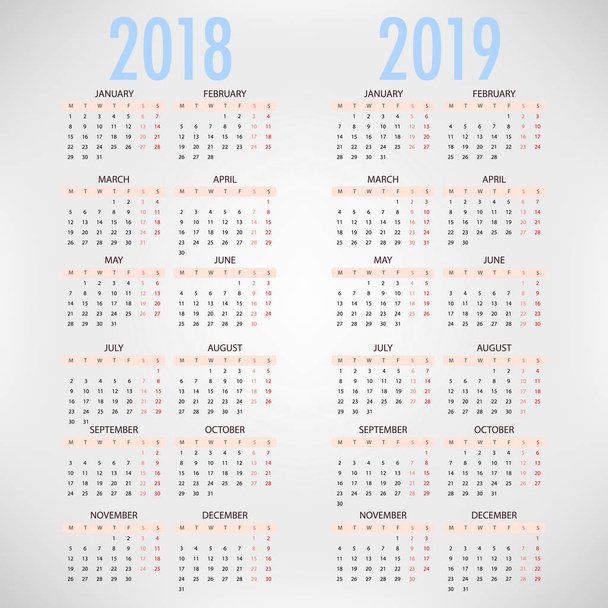 Calendar for 2018 2019 on grey background. Week Starts Monday. Simple Vector Template - Vector, Image