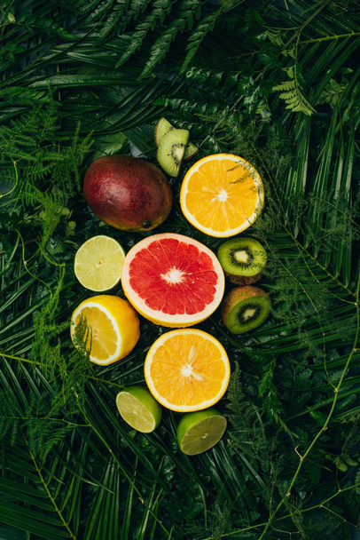 κάτοψη του ζουμερά φρούτα σε πράσινο palm φύλλα - Φωτογραφία, εικόνα